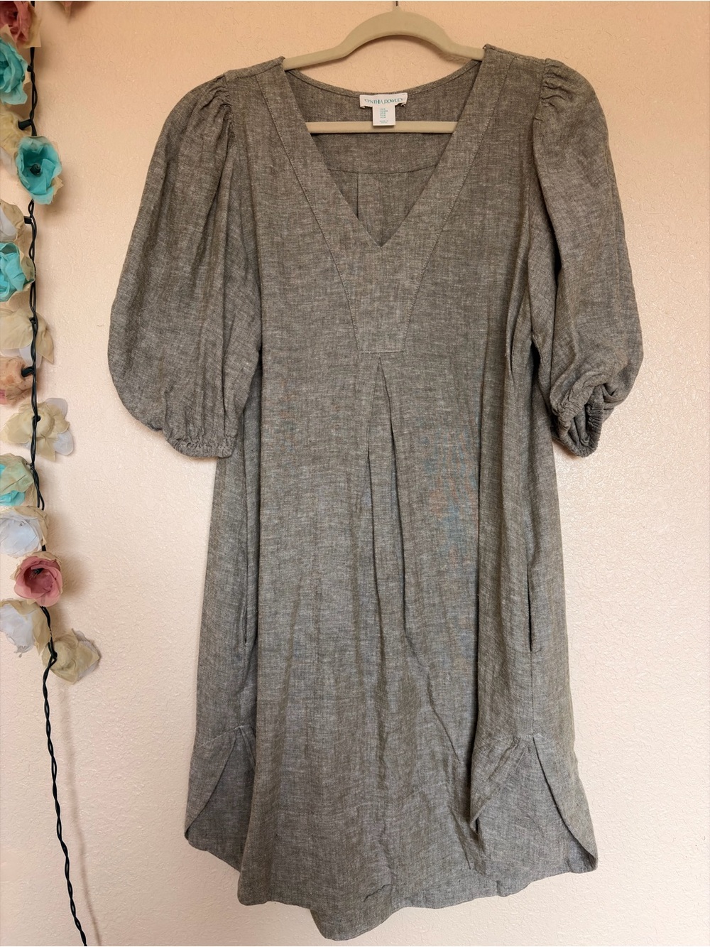 Cynthia Rowley Heather Green V-Neck Puff Sleeve Midi Dress